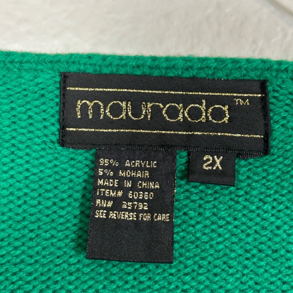 Maurada women plus size 2X knit sweater green white mohair blend chevron varsity - Picture 10 of 11